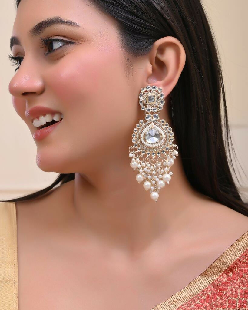VOJ Gold-Polished Kundan Studded Drop Earrings