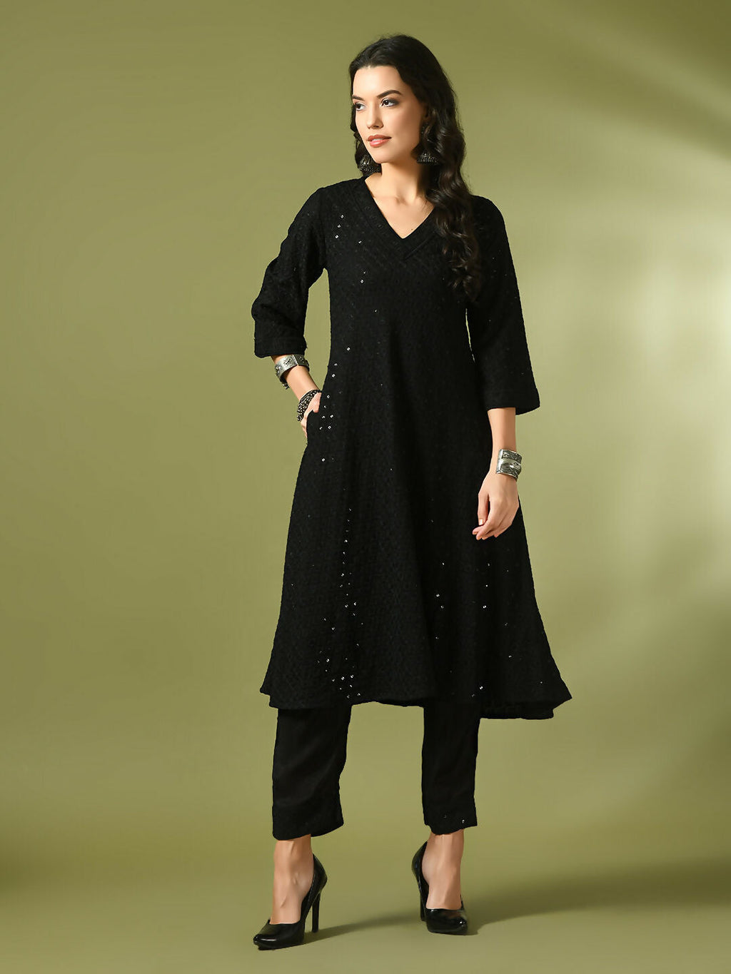 Myshka Women's Black Embroidered Cotton A-Line Party Kurta Set | Grocsy