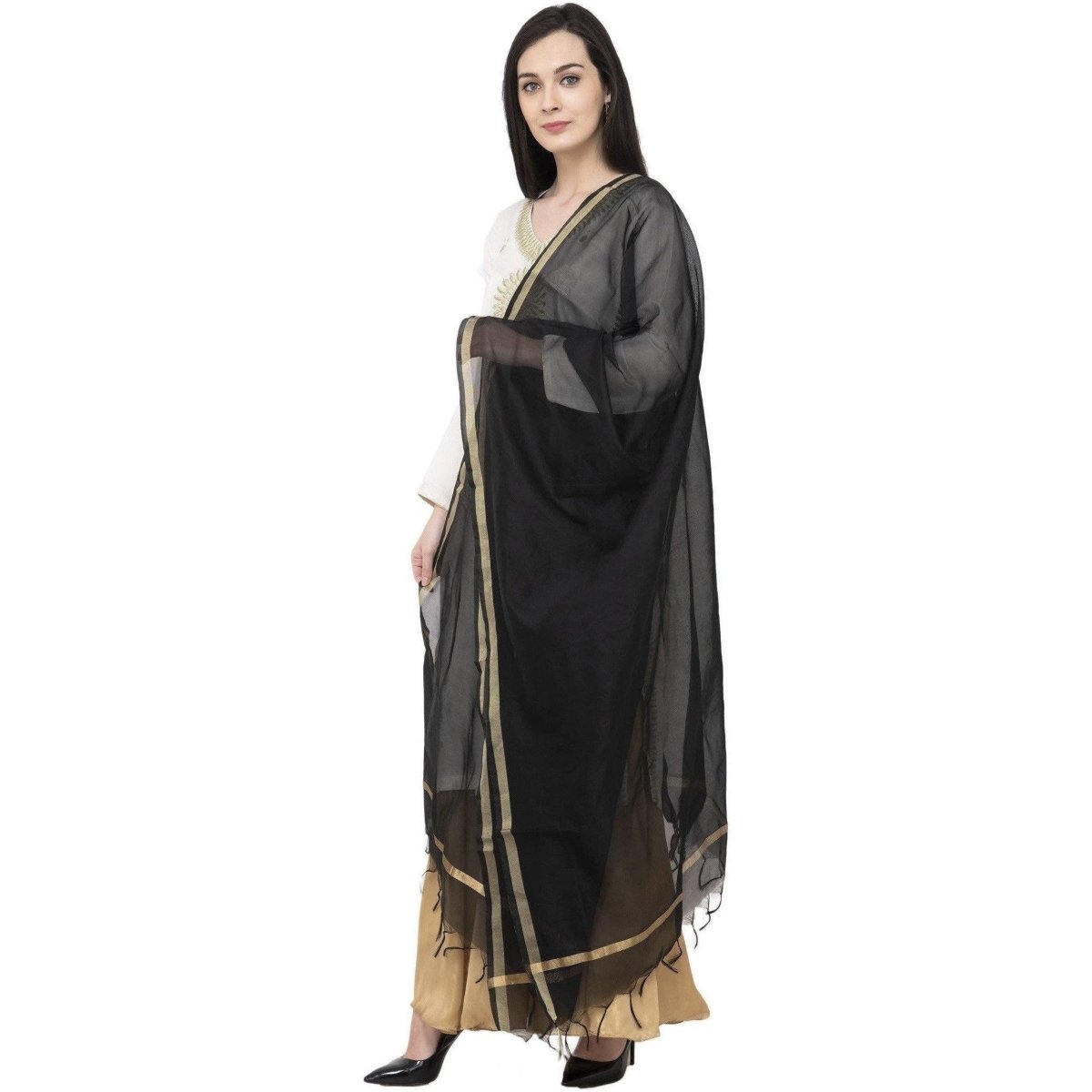 A R Silk Chanderi Piping Regular Dupatta Black Color Dupatta or Chunni | Grocsy