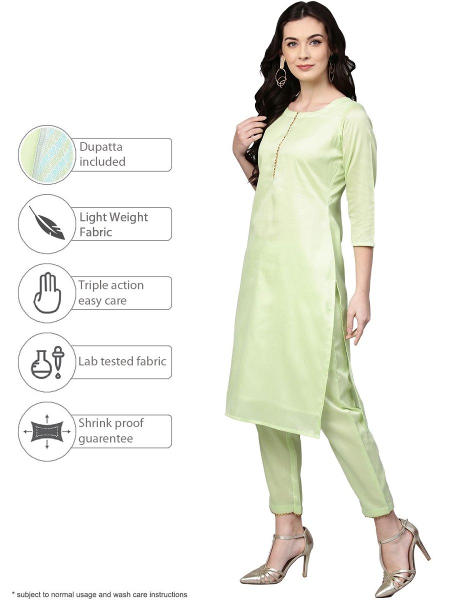 Ahalyaa Women's Sea Green Cotton Blend Solid Kurta Trouser Set With Dupatta | Grocsy