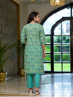 Juniper Women's Green Ethnic Motif Printed Cotton Kurta Pant And Dupatta Set With Mirror Work & Sequins | Grocsy