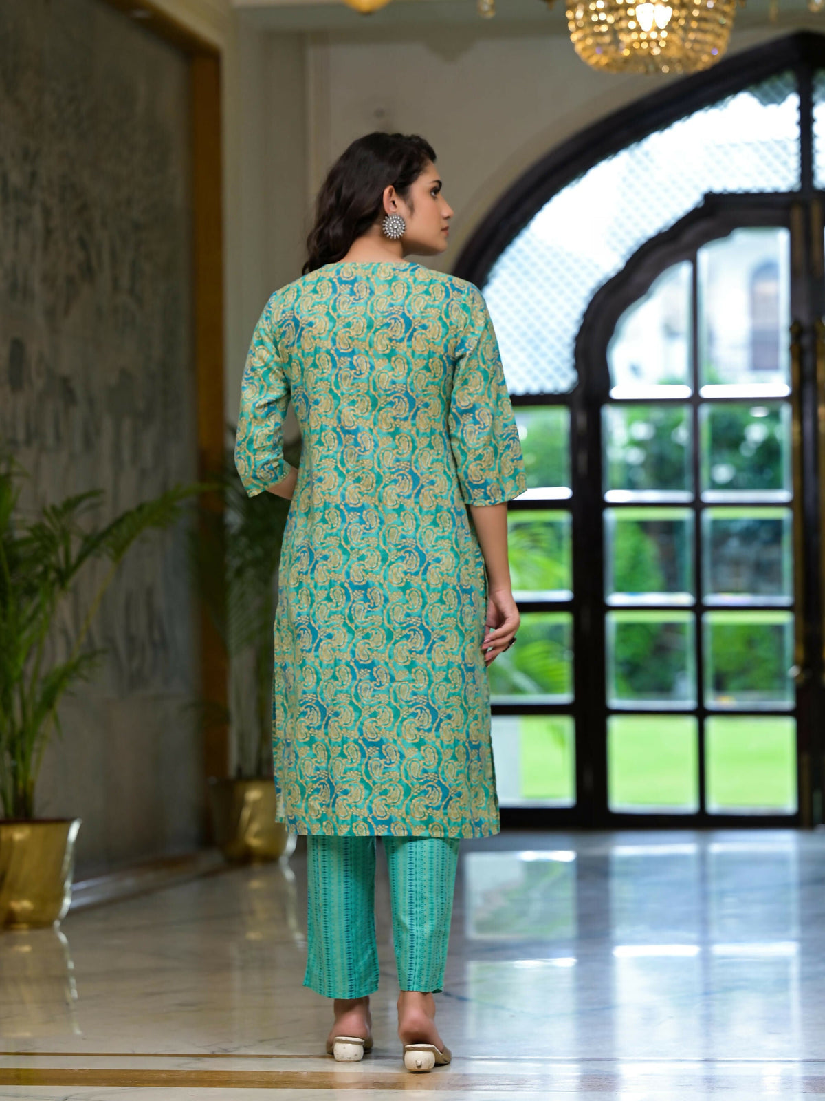 Juniper Women's Green Ethnic Motif Printed Cotton Kurta Pant And Dupatta Set With Mirror Work & Sequins | Grocsy