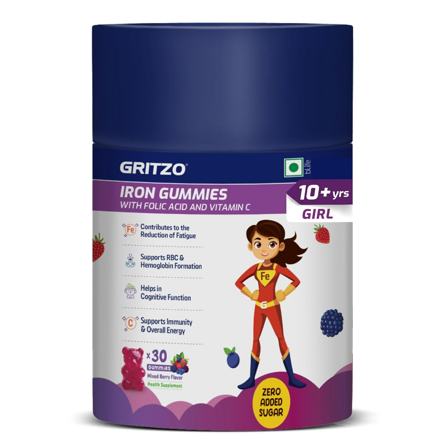 Gritzo Iron Gummies With Folic Acid & Vitamin C (10+y Girls) (Mixed Berry Flavour 30 Gummies) | Grocsy
