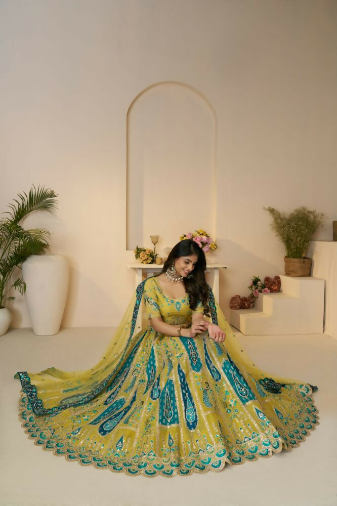 Kesar Fab Yellow Banarasi Silk Embroidered Lehenga | Grocsy
