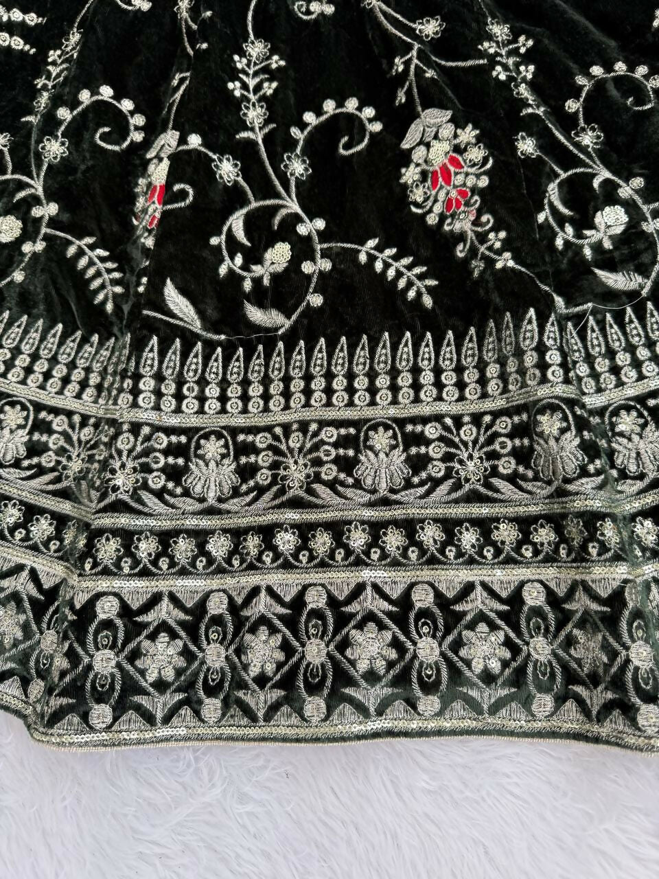 Vastranavya Mehendi Viscose Velvet Thread Sequence Work Top-Bottom With Dupatta | Grocsy