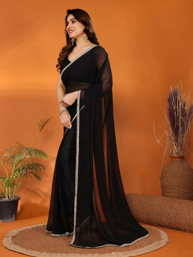 Designer Partywear Black Georgette Fancy Saree - Durga | Grocsy
