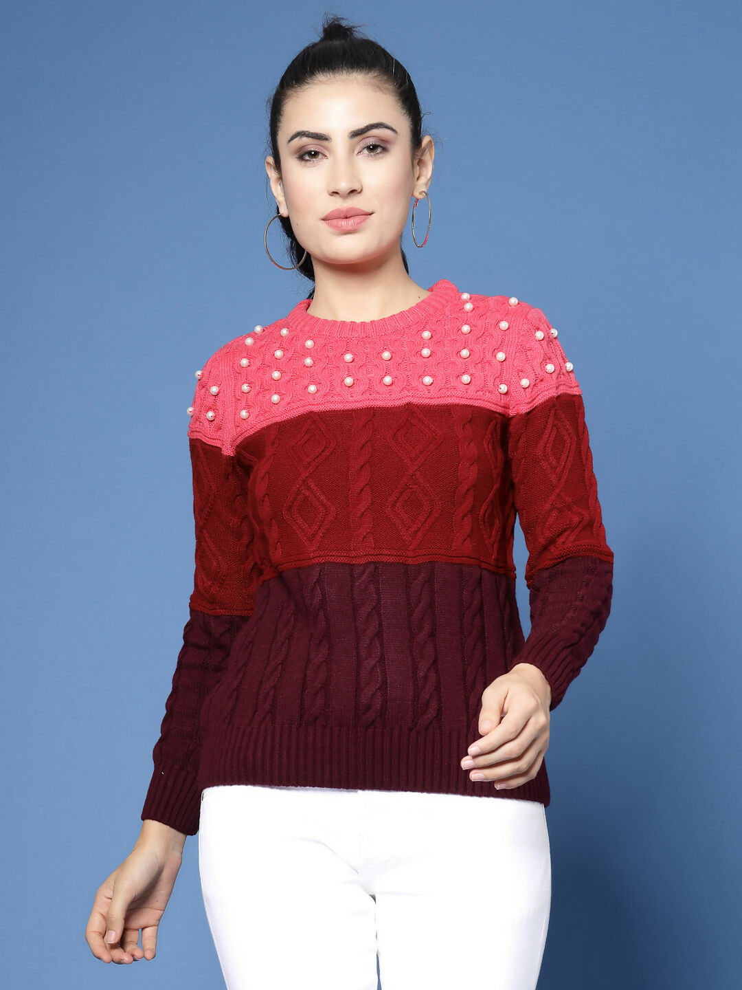 Women Color Block Marron Acrylic Winter Sweater - Wool Trees | Grocsy