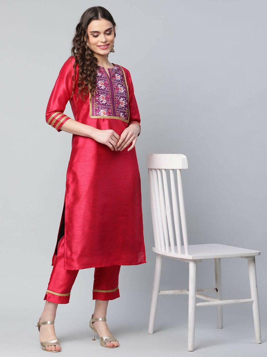 Ahalyaa Womens Red Art Silk Printed Kurta Pant Set | Grocsy