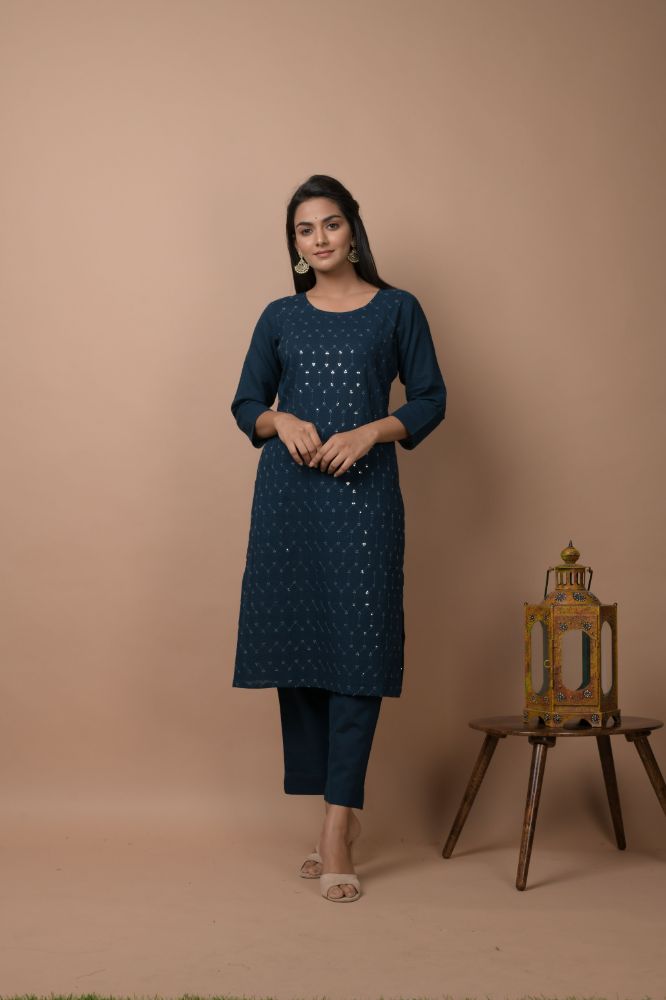 Kaajh Women's Navy Blue Solid Sequins Embellished Kurta Pant Set | Grocsy