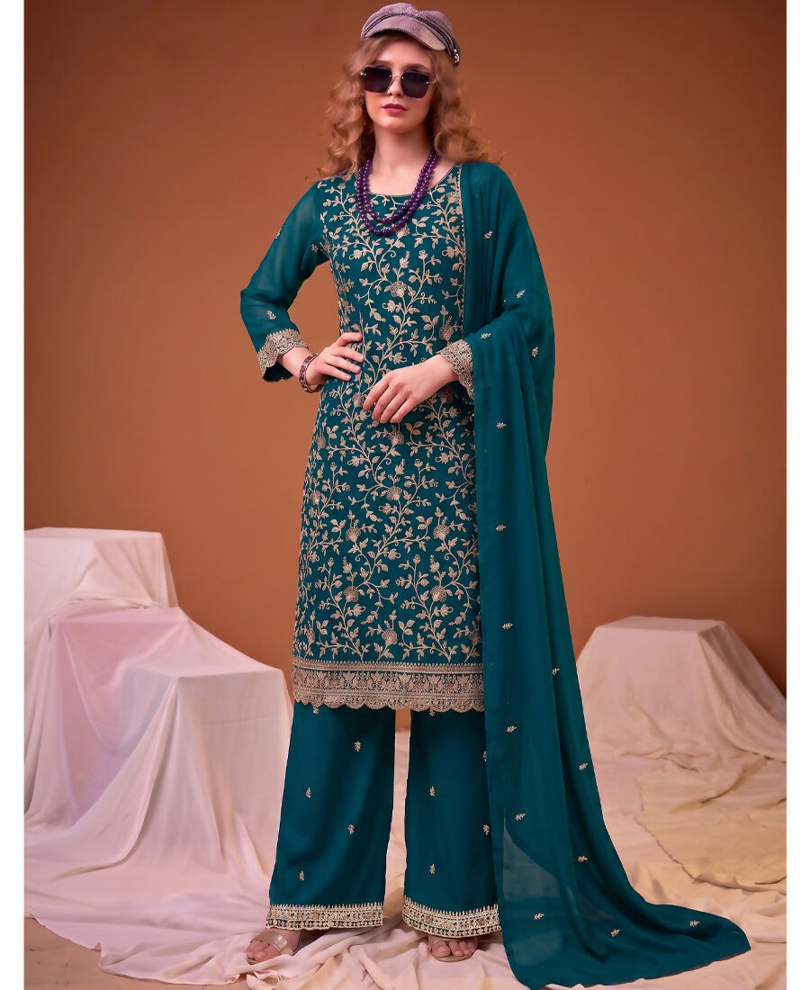 KC Teal Blue Straight Suit For Women Georgette Fabric | Grocsy