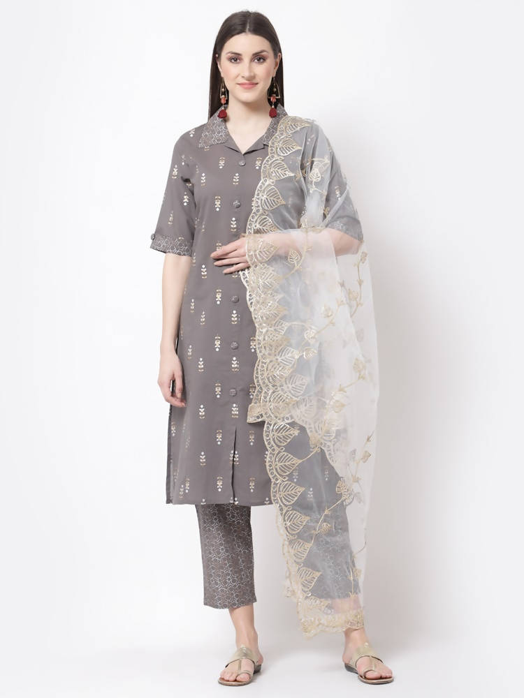 Myshka Grey Color cotton Printed Kurta With Palazzo Dupatta Set | Grocsy
