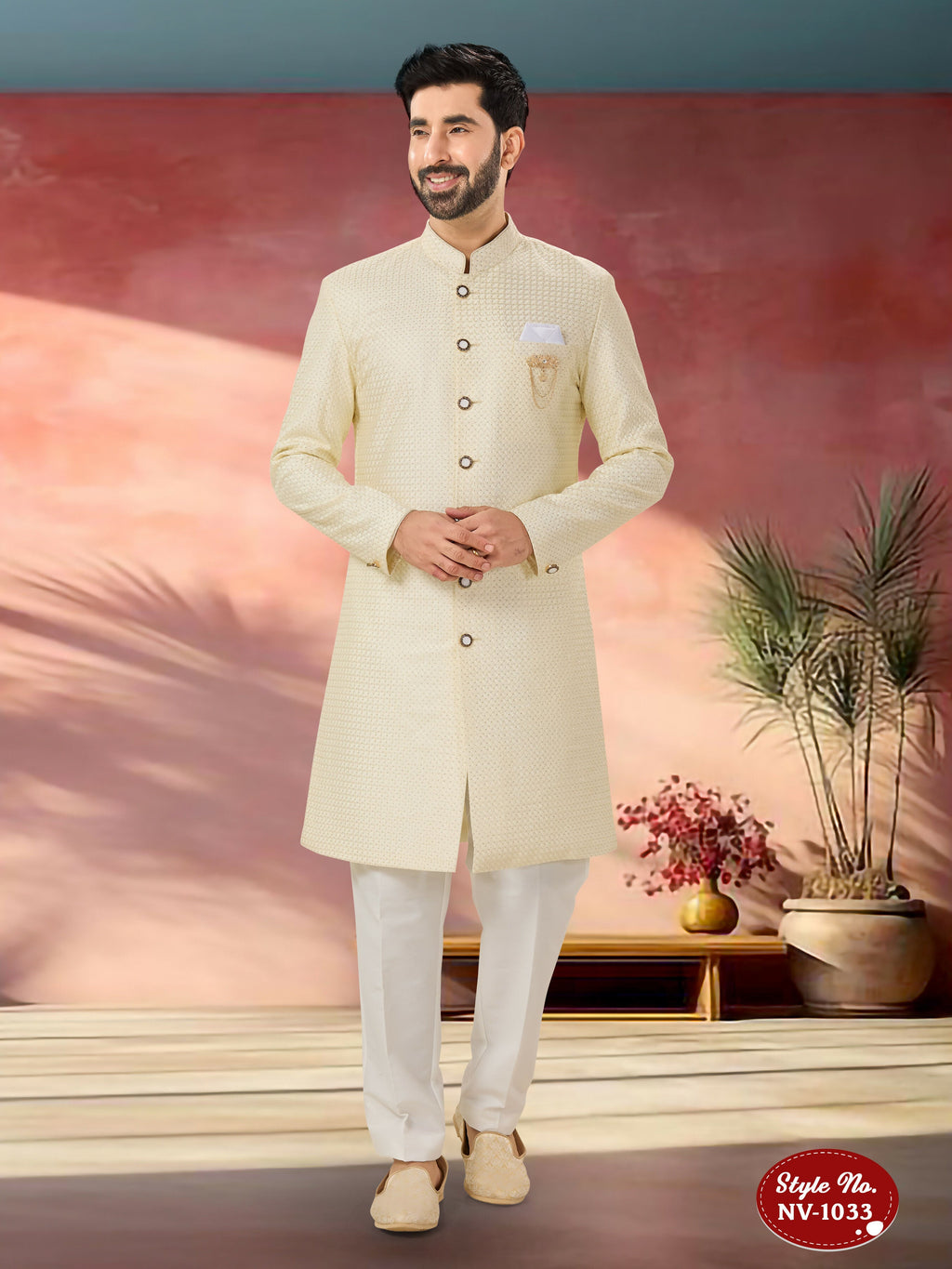 Joban Fashion Men's Cream Straight Silk Thread And Sequence Embroidary All Over Indo-Western Kurta Set | Grocsy
