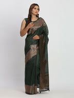 Shree Shyam Fashion Linen Cotton Dark Green Saree | Grocsy