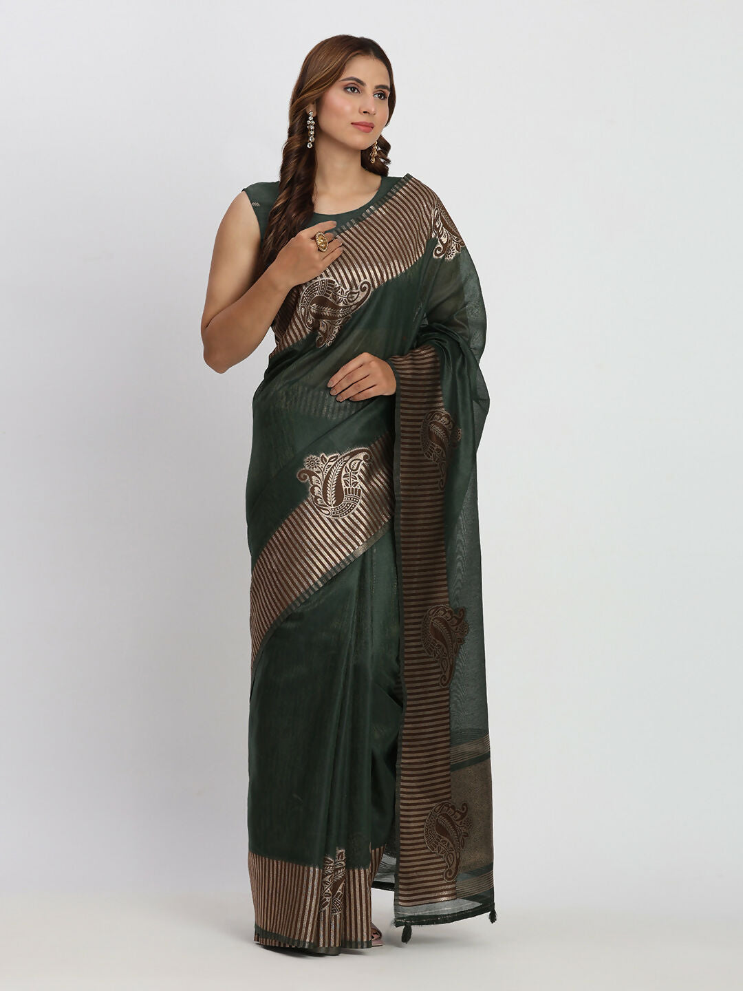 Shree Shyam Fashion Linen Cotton Dark Green Saree | Grocsy