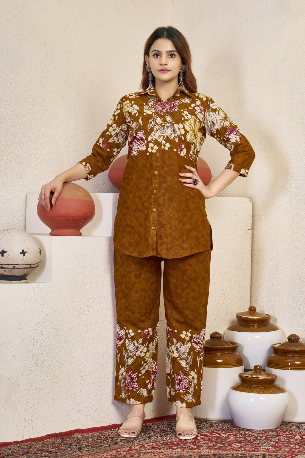 Teeya Creation Women Mustard Yellow Floral Printed Shirt And Trousers Co-Ord Set | Grocsy