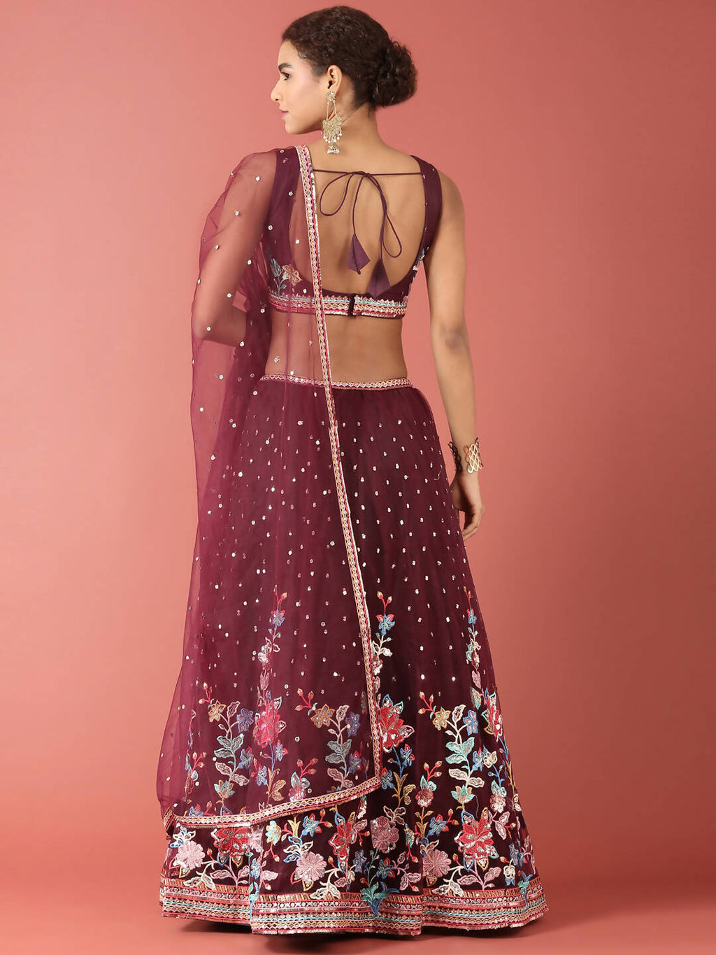 House of Panchhi Burgundy Net Multi colour Thread & Sequinse Work Lehenga & Blouse, Dupatta | Grocsy