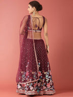 House of Panchhi Burgundy Net Multi colour Thread & Sequinse Work Lehenga & Blouse, Dupatta | Grocsy