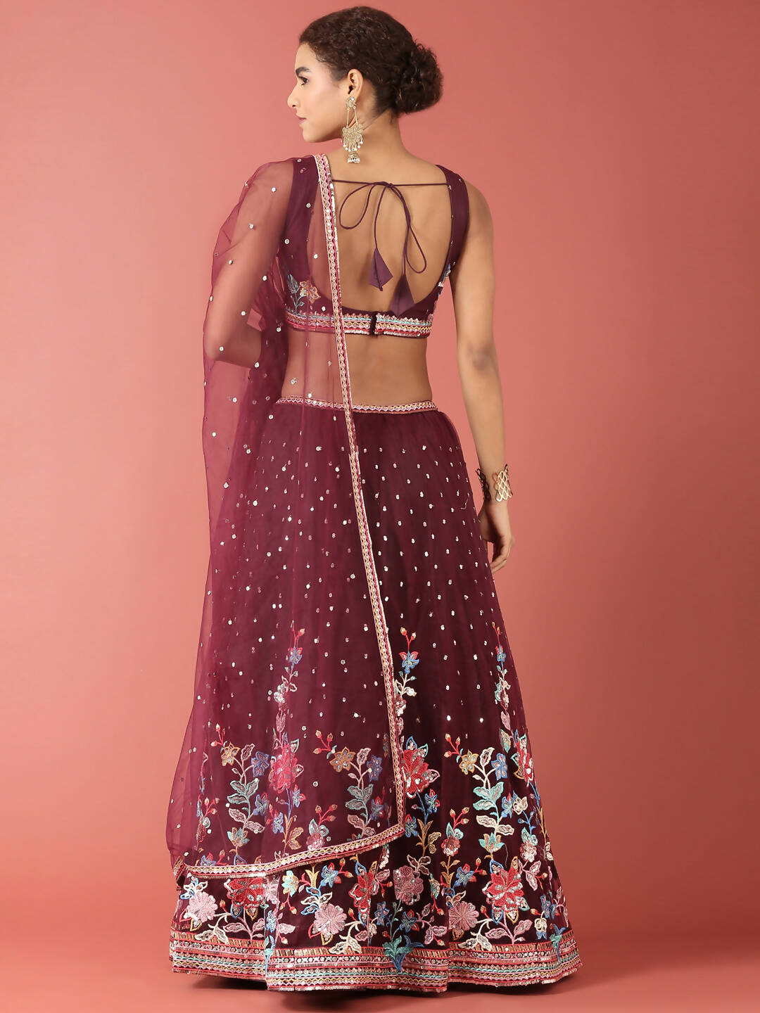 House of Panchhi Burgundy Net Multi colour Thread & Sequinse Work Lehenga & Blouse, Dupatta | Grocsy