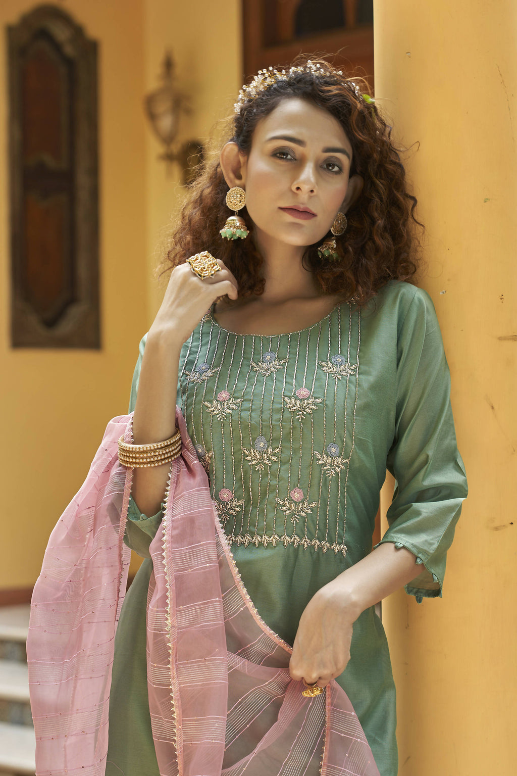 Green Chinon Embroidered Kurta and Bottom with Dupatta - Akashara | Grocsy