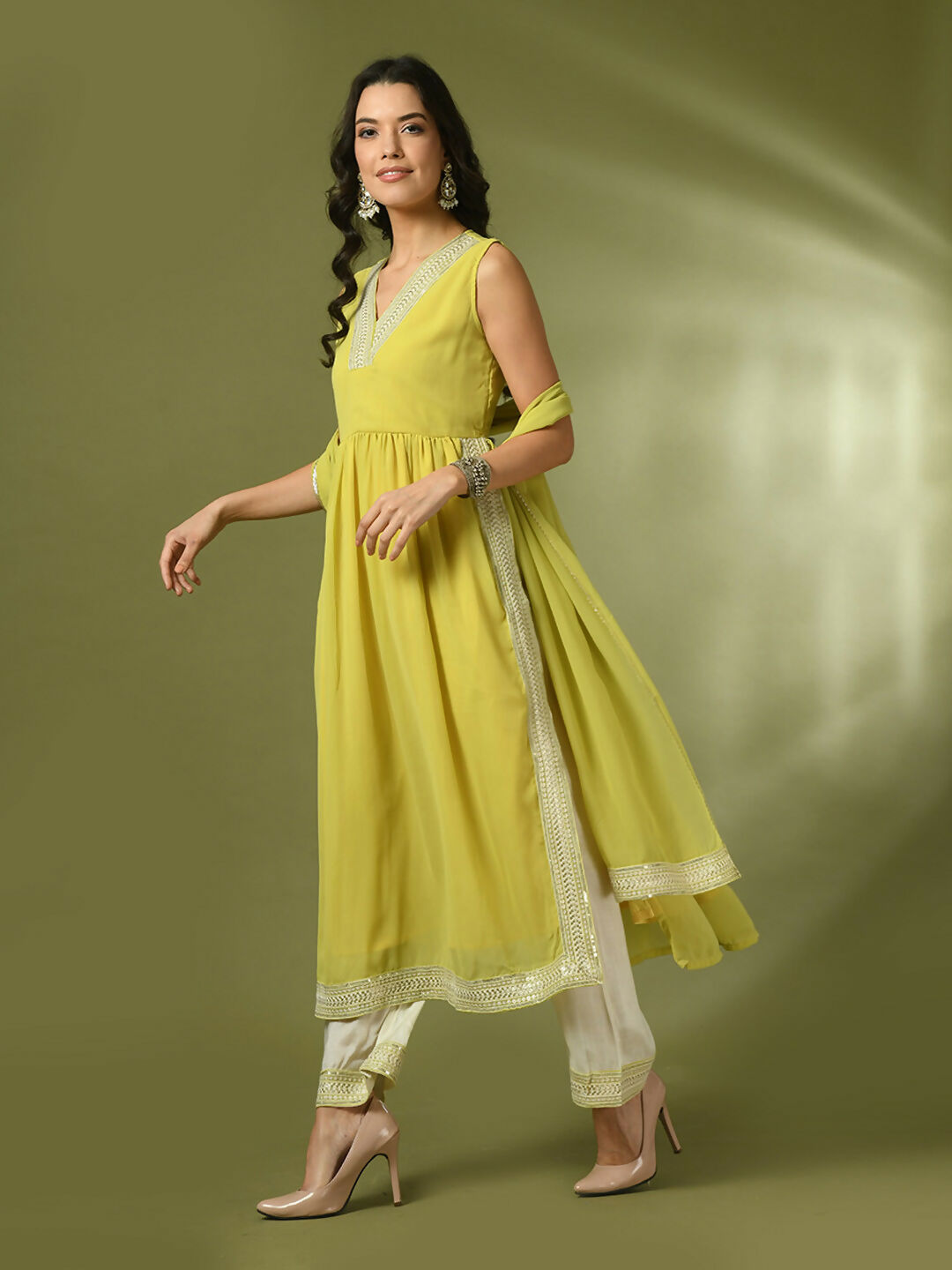 Myshka Women's Yellow Solid Georgette Anarkali Party Kurta Set With Dupatta | Grocsy
