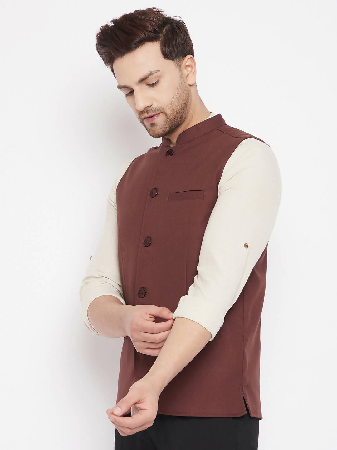 Even Apparels Maroon Merino Men Woven Nehru Jacket | Grocsy
