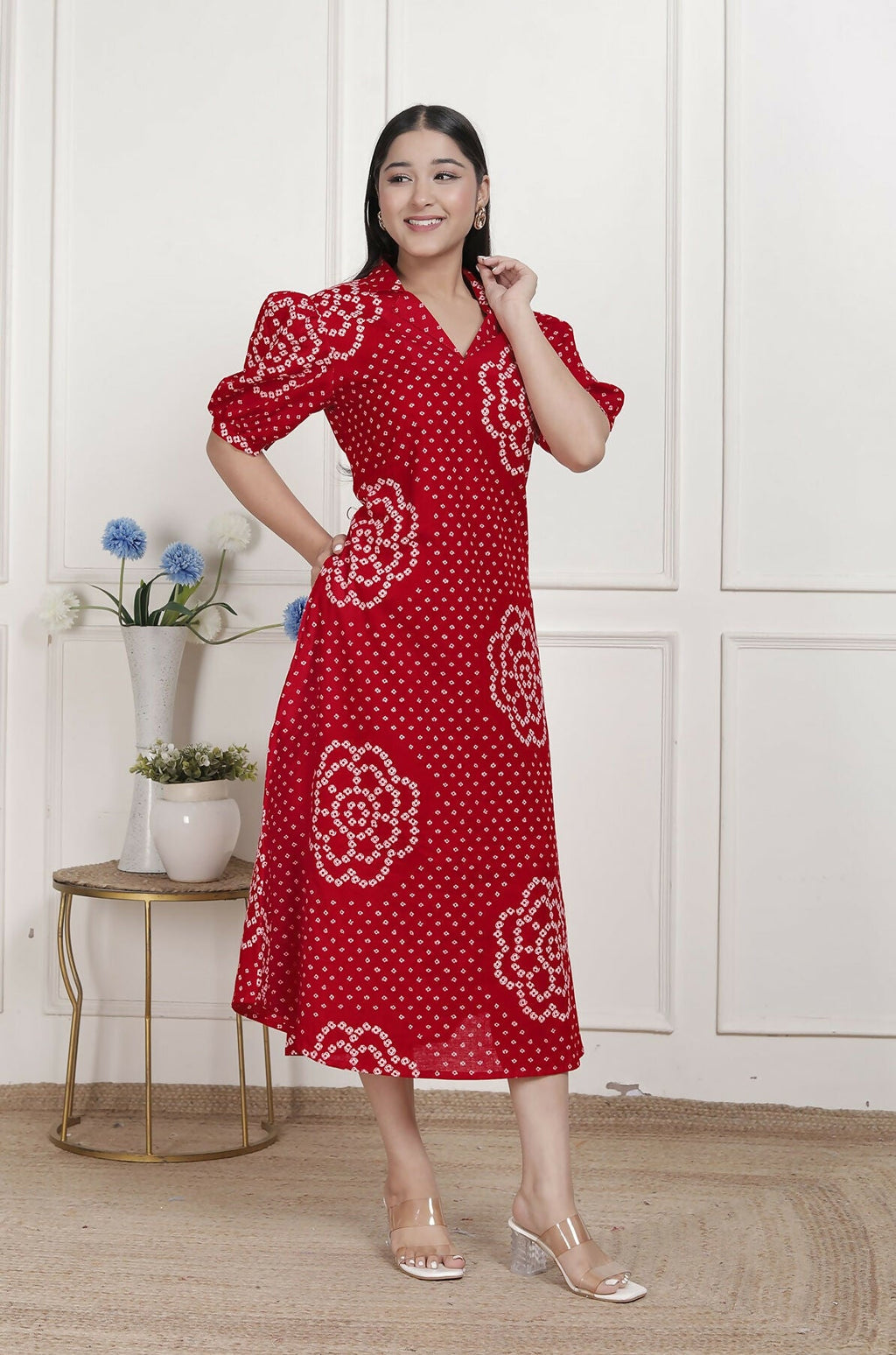Miravan Womens Red Bandhani Printed Collar Neck Maxi Dress | Grocsy