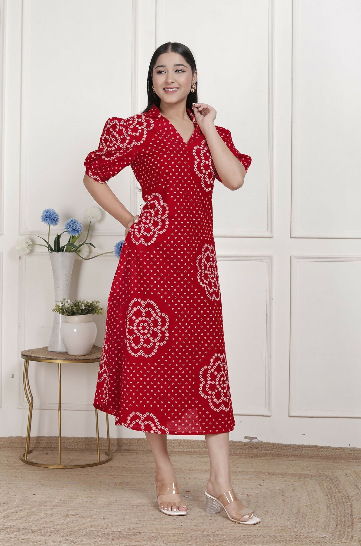 Miravan Womens Red Bandhani Printed Collar Neck Maxi Dress | Grocsy