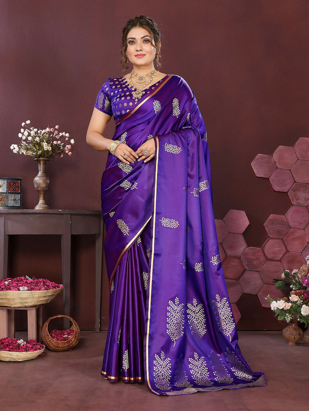Joban Fashion Purple Floral Motifs Banarasi Silk Sarees | Grocsy