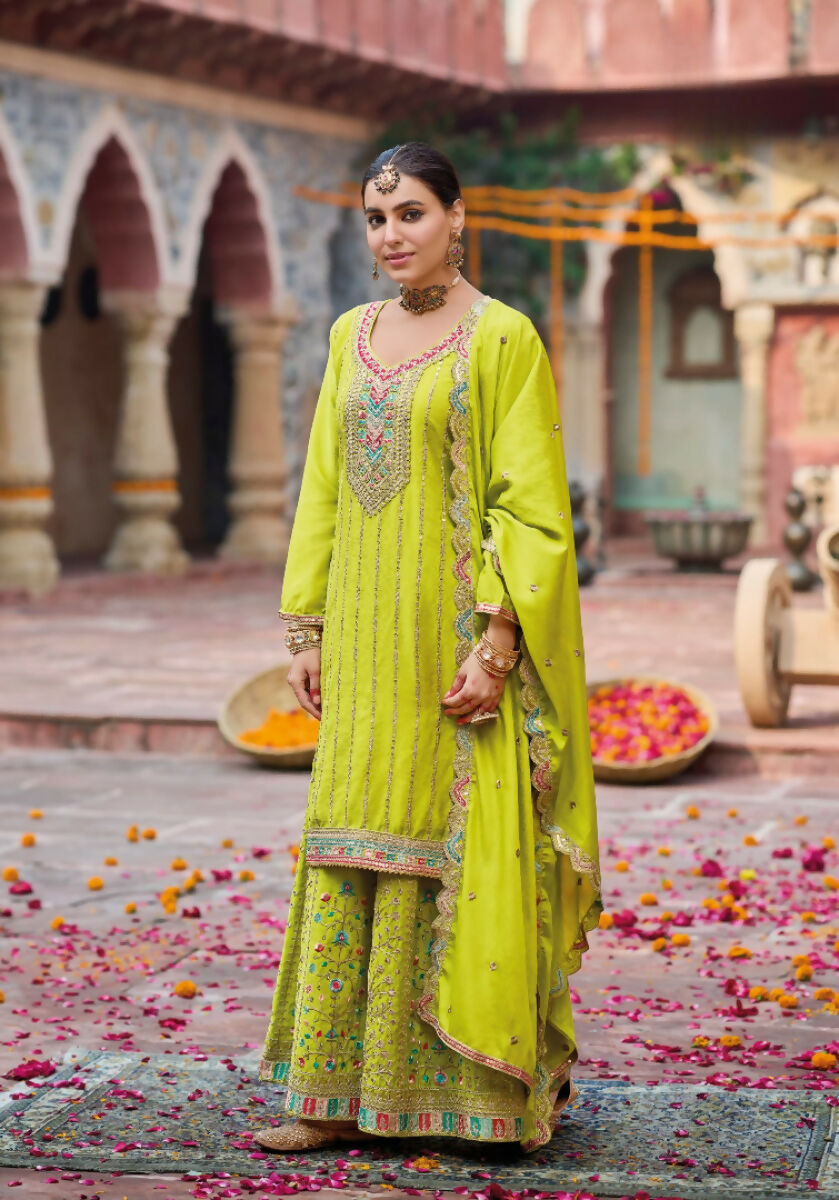Anaita Lime Yellow Premium Embroidery Dhaga Sequin Work Ready Made Suit | Grocsy