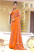 Orange Chiffon Printed Ivory Print and Zari work Saree with Unstitched Blouse Piece - Shanaya | Grocsy