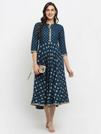 Rudra Bazaar A-Line Gold Floral Printed Turquoise Blue Kurti | Grocsy