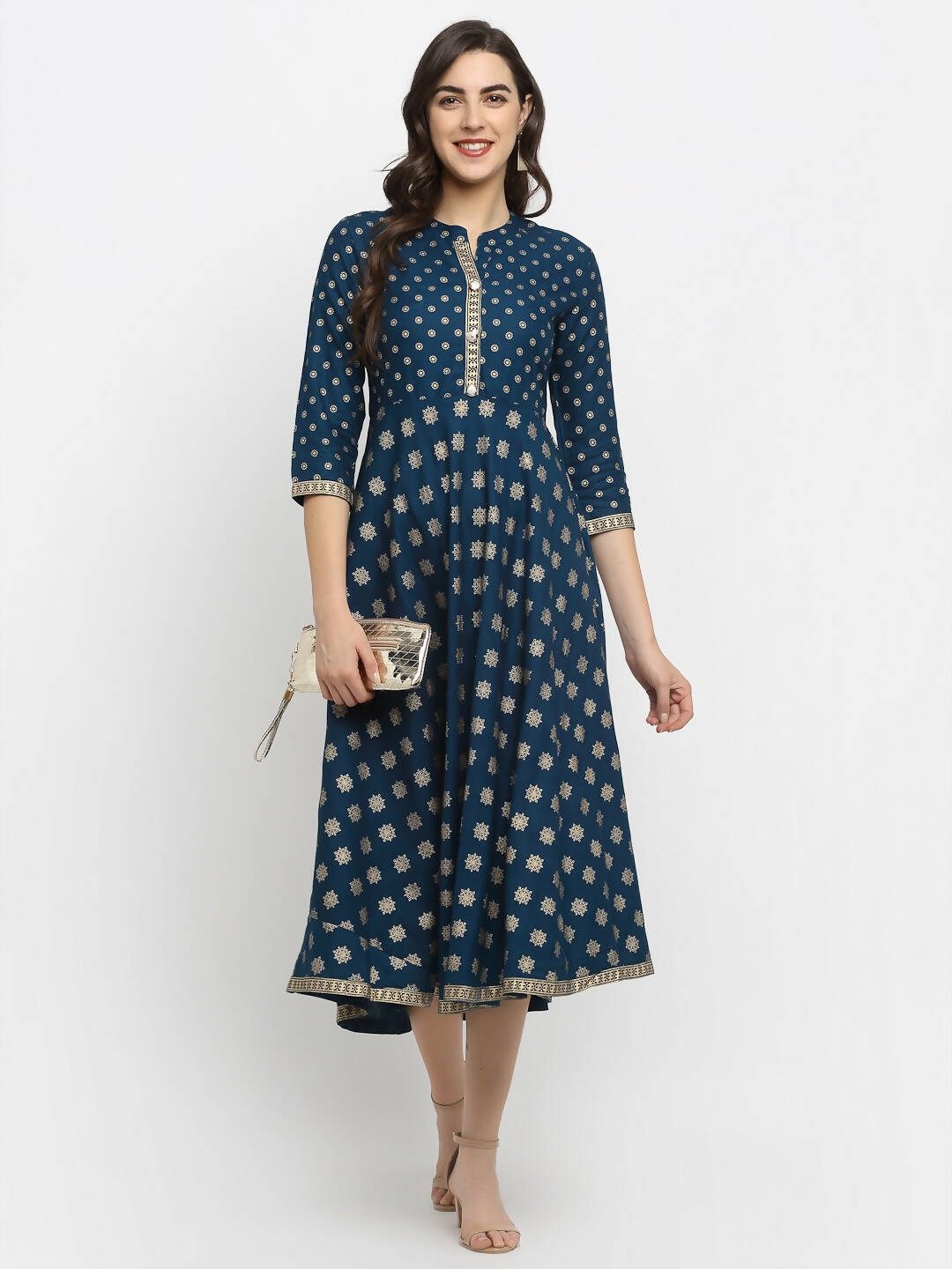 Rudra Bazaar A-Line Gold Floral Printed Turquoise Blue Kurti | Grocsy