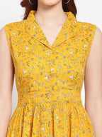 Myshka Women's Mustard Printed Rayon Sleeveless Collar Neck Casual Dress | Grocsy