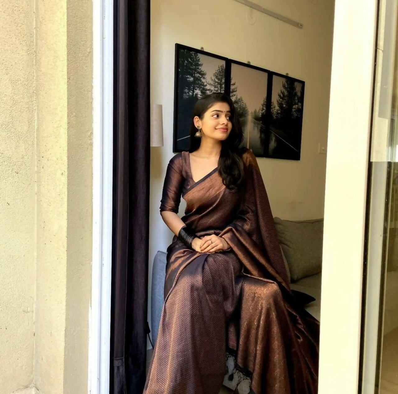 DEIANA'S Beautiful Designer Golden zari Soft Lichi Silk Saree - Black | Grocsy