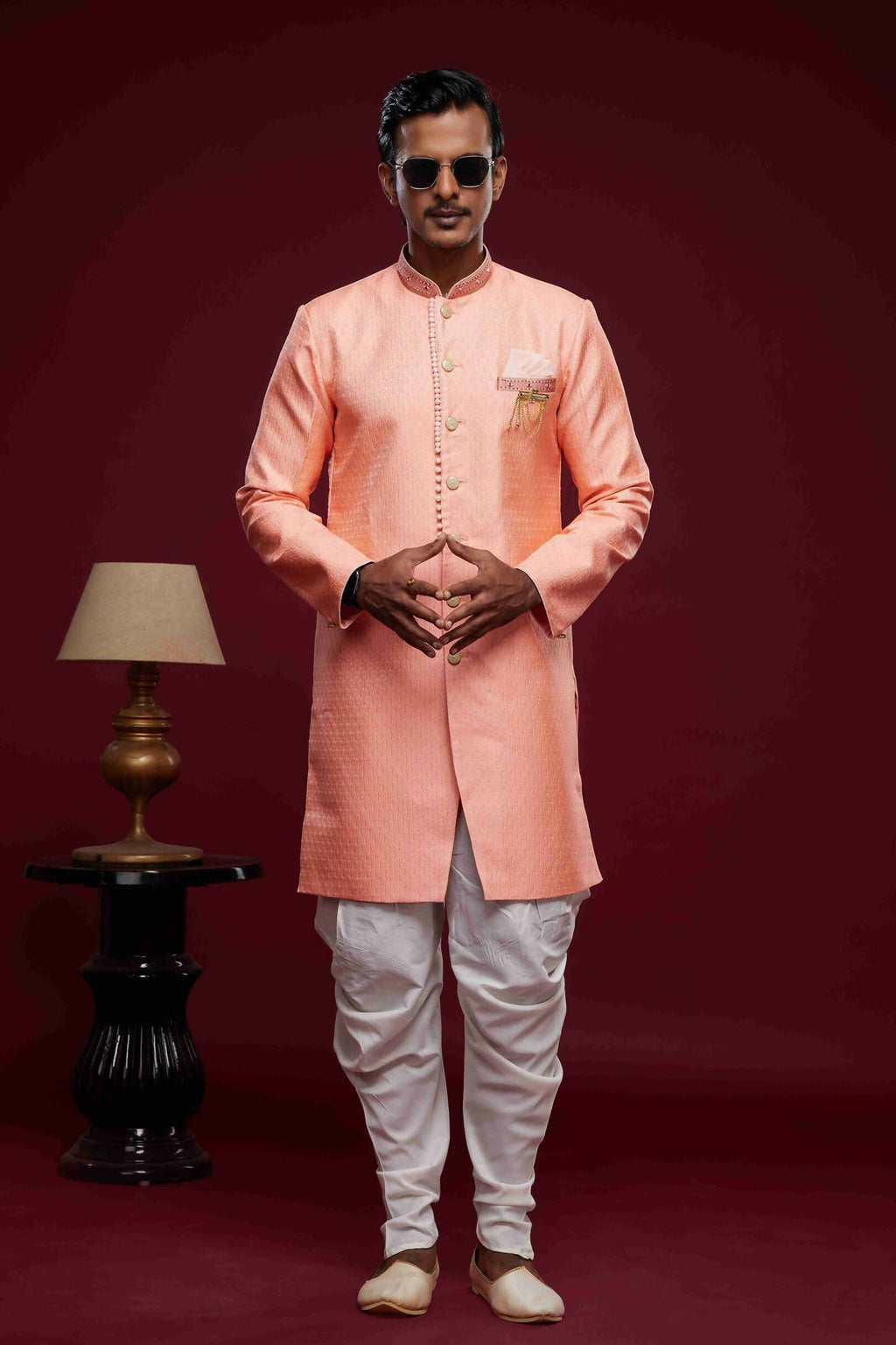 Raivat Ethnic Banarasi Jacquard Embroidery Semi Indo Western Sherwani In Pink Colour | Grocsy