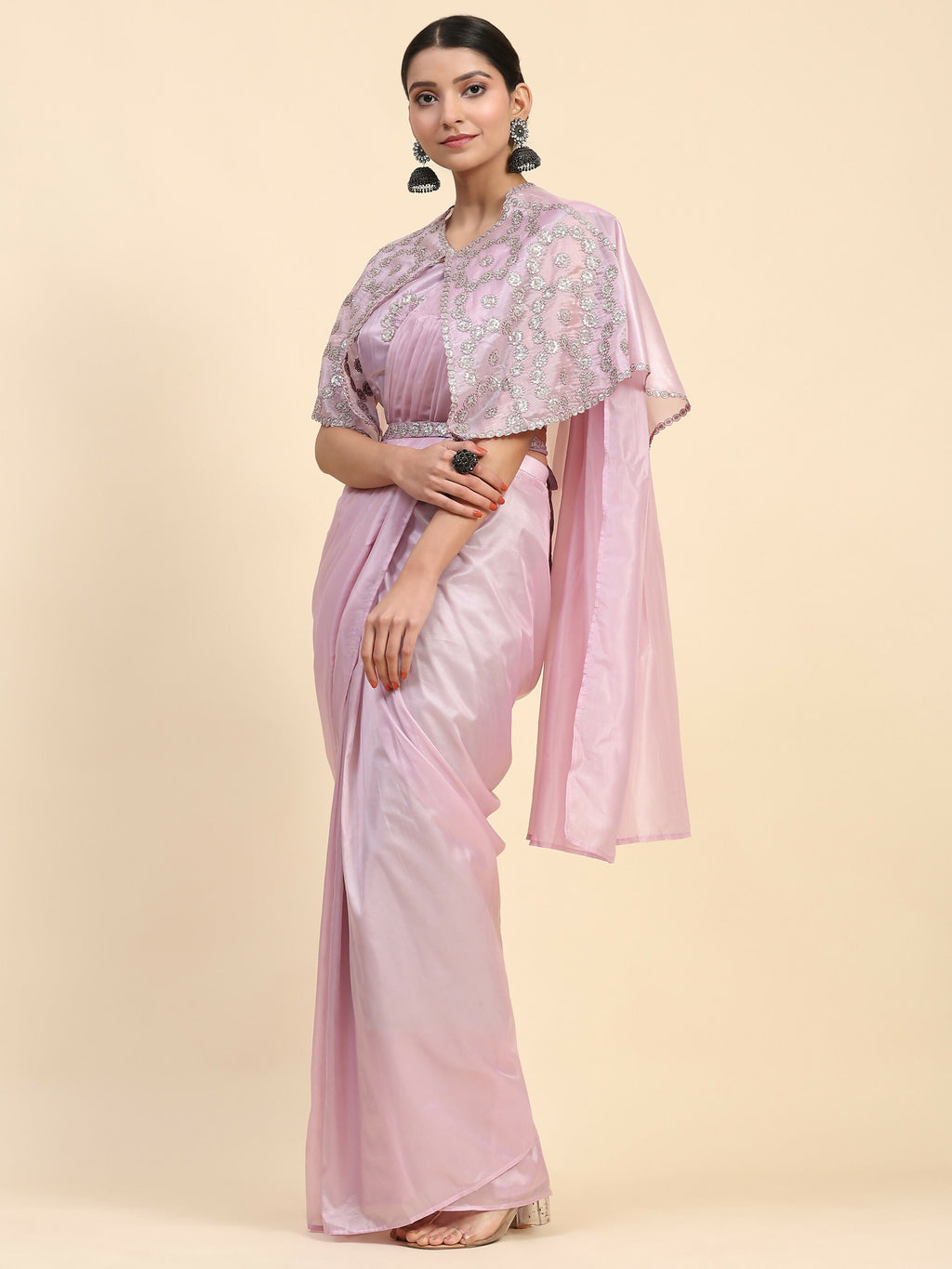 Light Lavendar Satin Solid Ready to wear Saree with stitched Blouse - Vanita | Grocsy