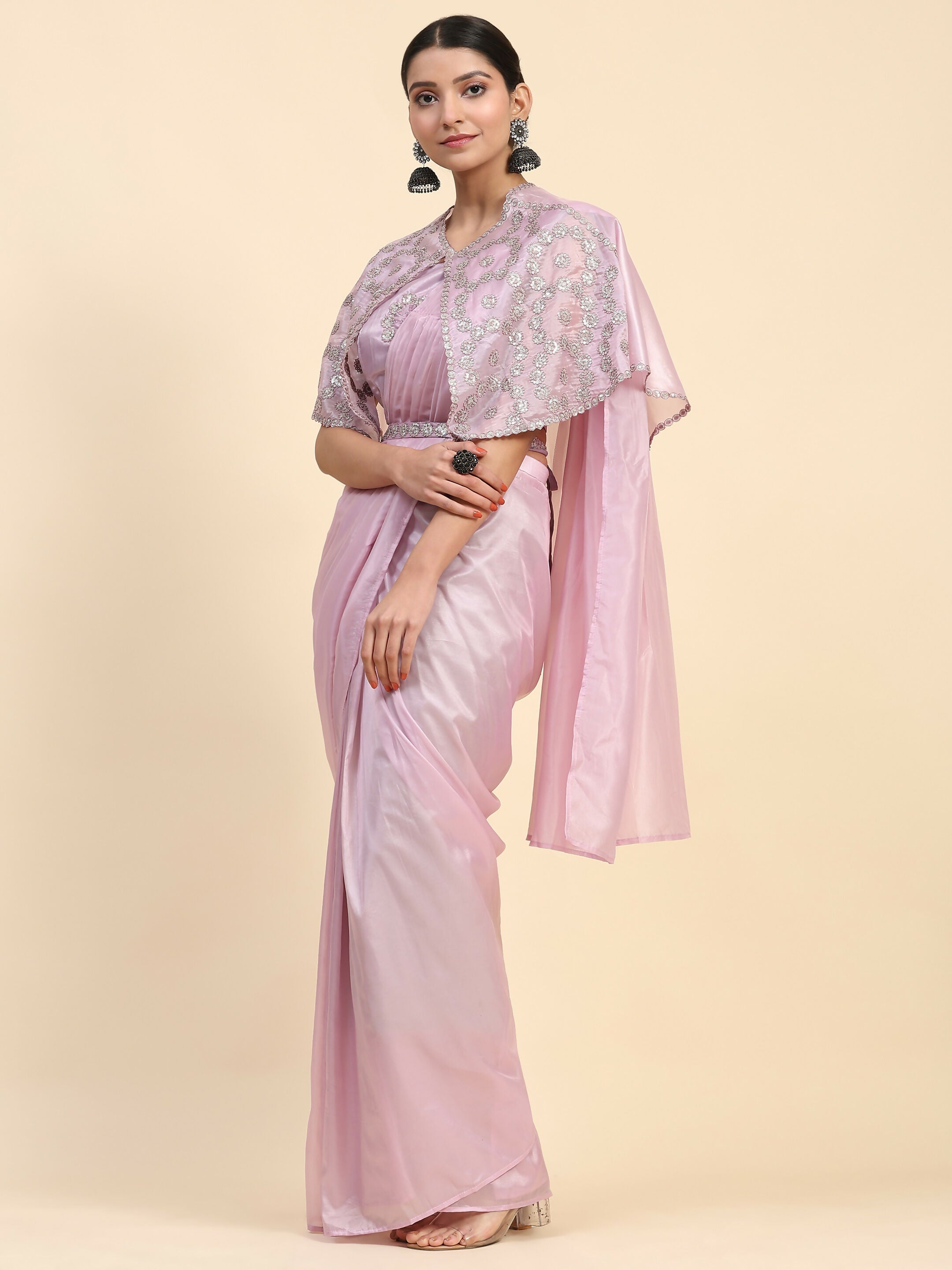 Light Lavendar Satin Solid Ready to wear Saree with stitched Blouse - Vanita | Grocsy