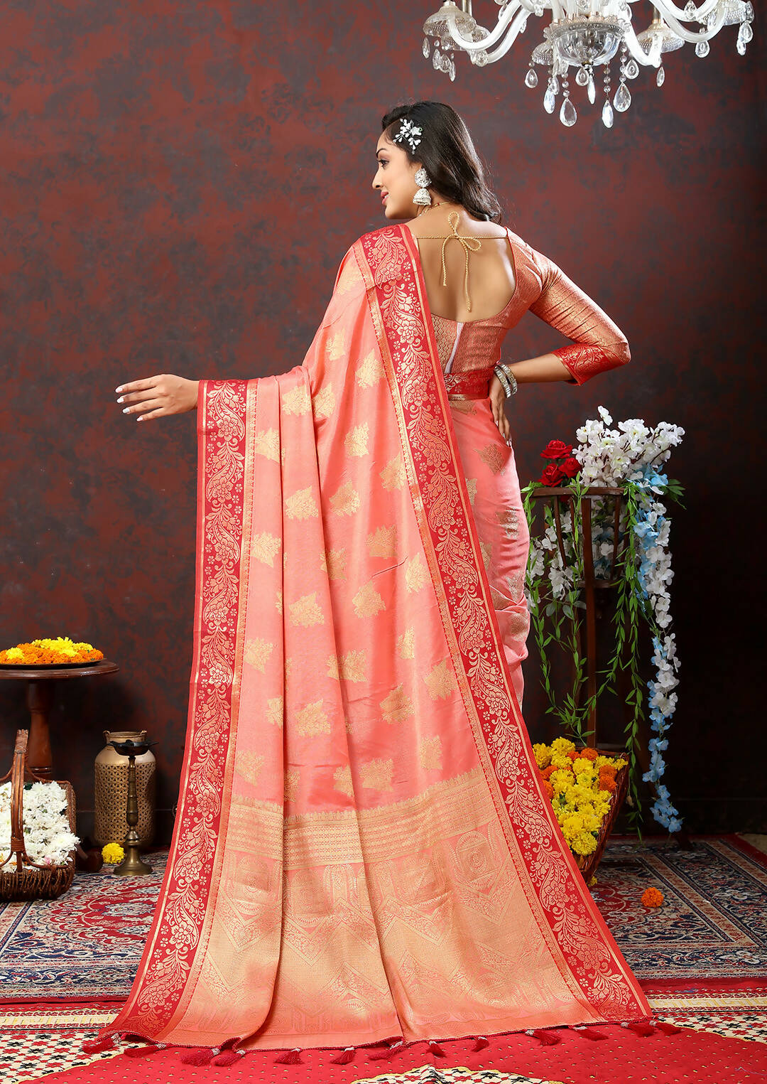 Lorenvalley Fashion Peach Cotton Woven Design with Zari Weaving Design Saree | Grocsy