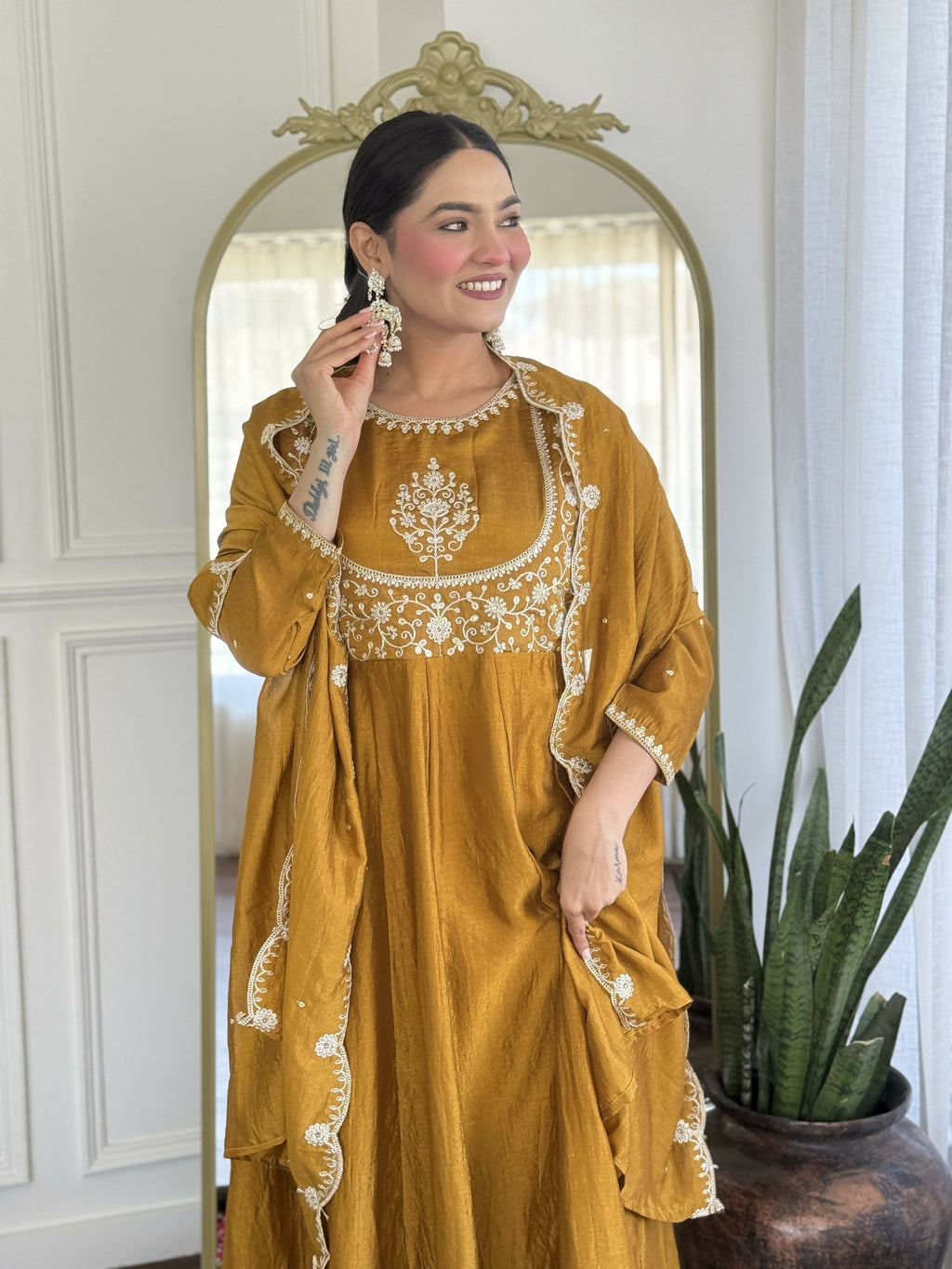 The52 Mustard Women's Gorgeous Embroidered Vichitra Silk Fabric Flared Kurta Pant with Dupatta Set | Grocsy