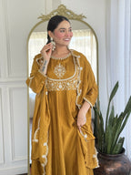 The52 Mustard Women's Gorgeous Embroidered Vichitra Silk Fabric Flared Kurta Pant with Dupatta Set | Grocsy