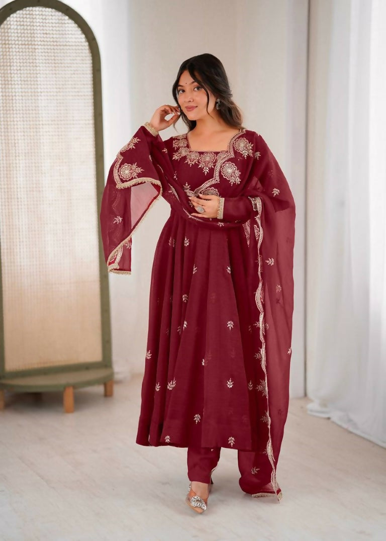 Teeya Creation Maroon Color Crunchy Silk Embroidery Work Wedding Wear Gown | Grocsy
