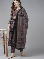 Yufta Women Navy Blue & Red Floral Printed Pure Cotton Kurta with Trouser and Dupatta | Grocsy