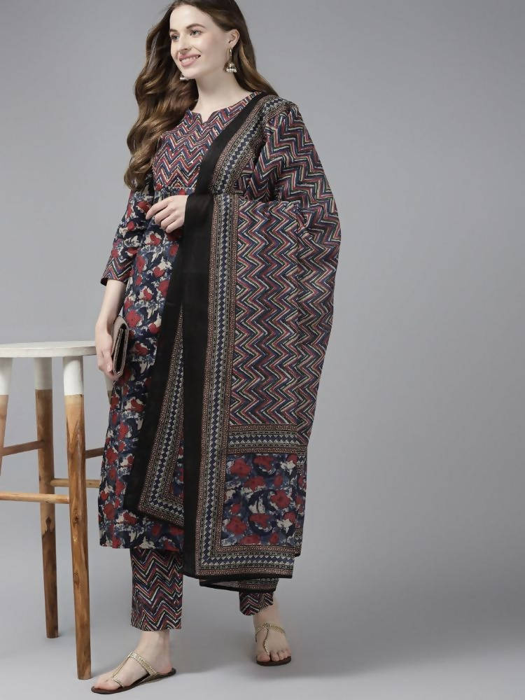 Yufta Women Navy Blue & Red Floral Printed Pure Cotton Kurta with Trouser and Dupatta | Grocsy