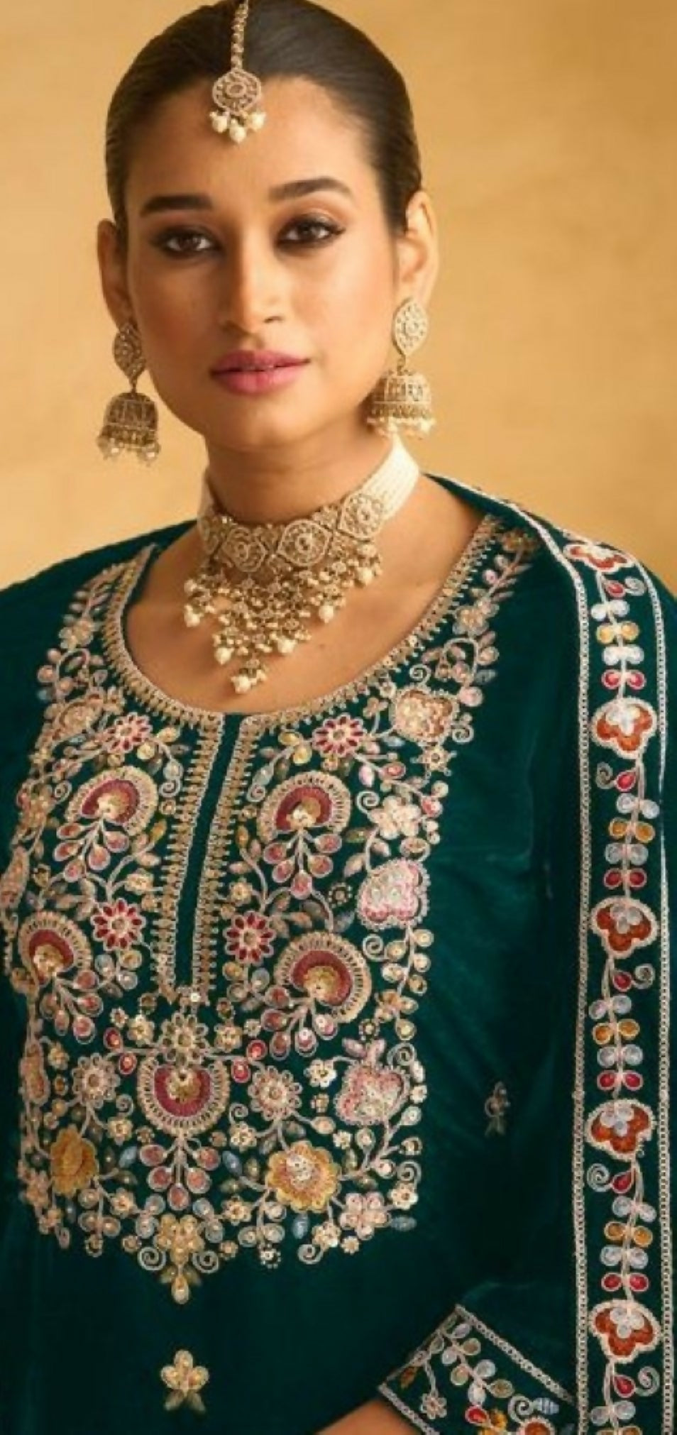 Anaita Dark Green Embroidered with Beads Velvet Stitched Plazo Suit | Grocsy