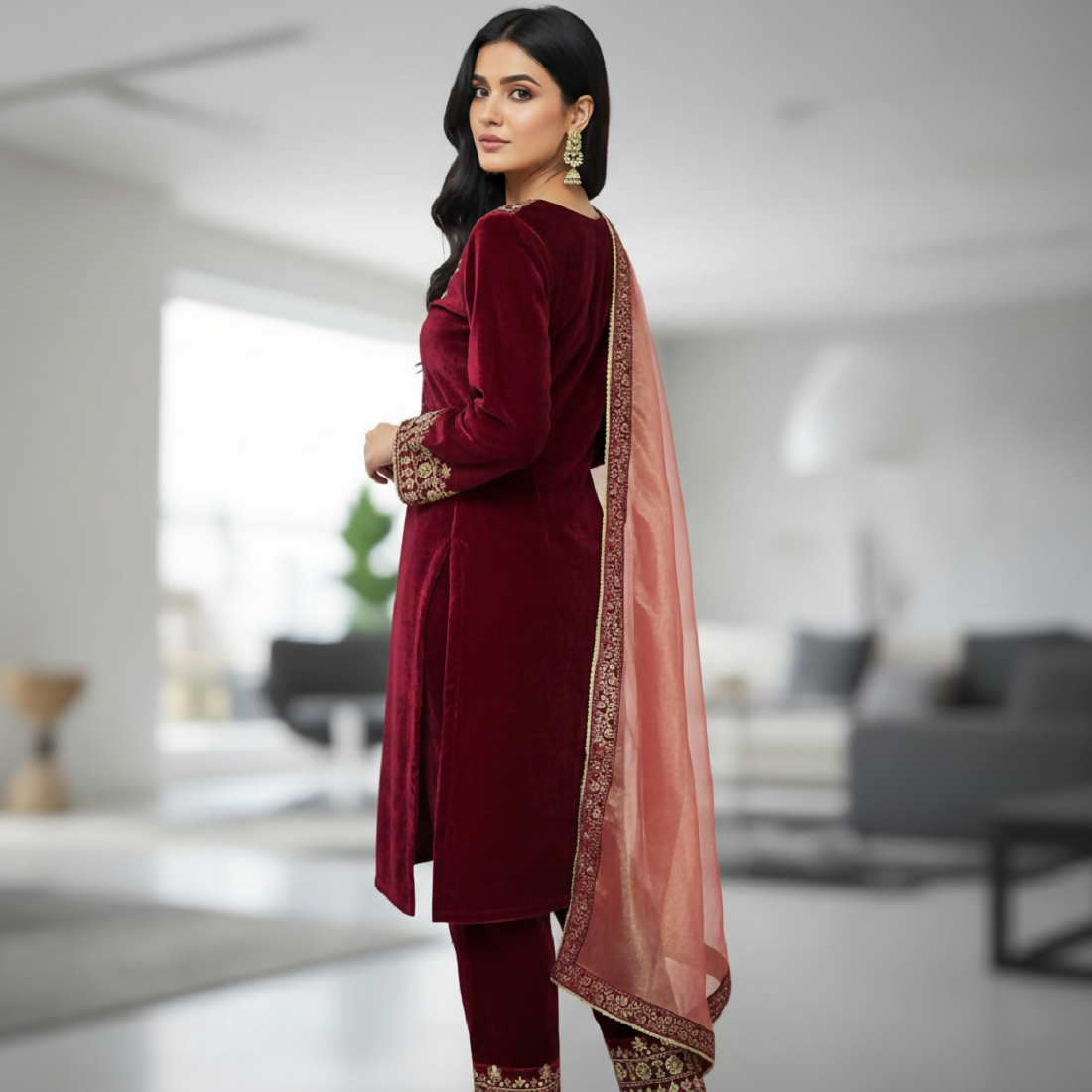 Joban Fashion Maroon Velvet Embroidery Sequence Work Readymade Kurta Set | Grocsy