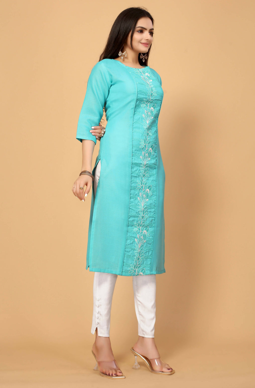Light Green Cottan Slub Embroidery Kurti - Umi | Grocsy