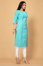Light Green Cottan Slub Embroidery Kurti - Umi | Grocsy