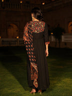 Juniper Women's Black Thread Embroidered Cotton Dress & Dupatta With Tassels & Mirror Work | Grocsy