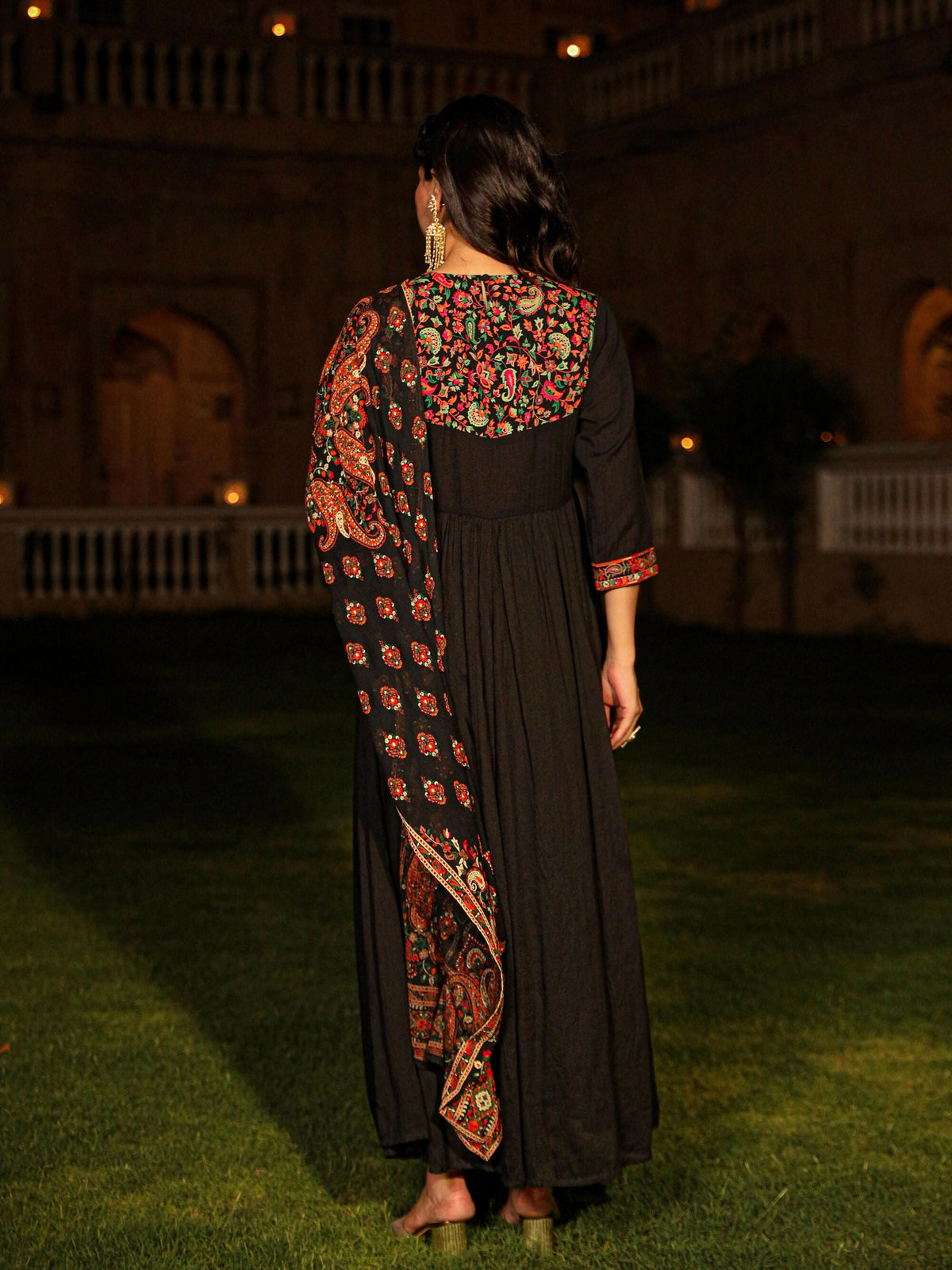 Juniper Women's Black Thread Embroidered Cotton Dress & Dupatta With Tassels & Mirror Work | Grocsy