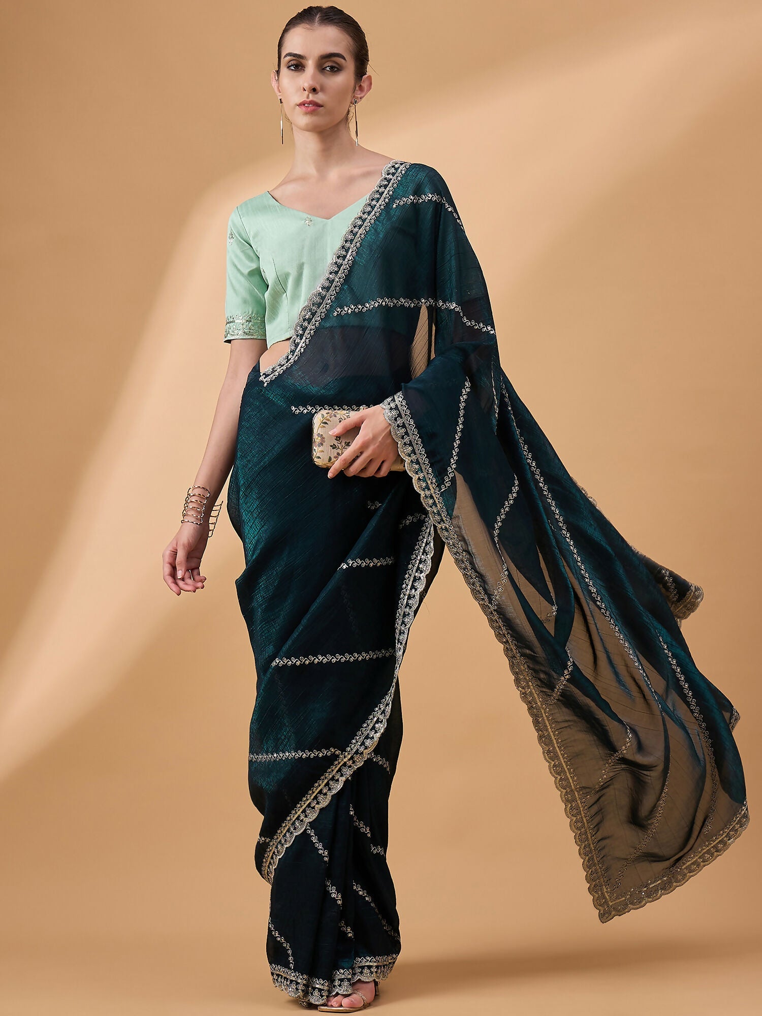 Blue Muslin Embroidered Saree with Unstitched Blouse Piece - Satya | Grocsy